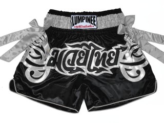 Mens Muay Thai Boxing Shorts with Ribbons : LUM-051-Black-Silver