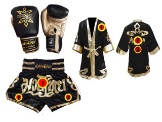 Kanong Boxing Gloves + Custom Boxing Robe + Custom Muay Thai Shorts : Black Lai Thai