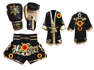 Thailand Souvenir - Boxing Gloves + Custom Boxing Robe +  Muay Thai Shorts : Black Lai Thai