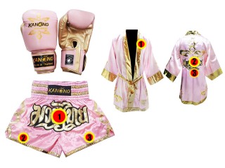 Kanong Boxing Gloves + Custom Boxing Robe + Custom Muay Thai Shorts : Pink Lai Thai