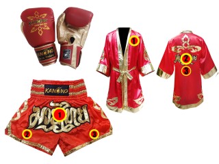 Bangkok Souvenir - Boxing Gloves + Custom Boxing Robe + Muay Thai Shorts : Red Lai Thai