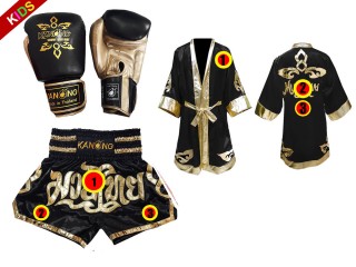 Kanong Boxing Gloves + Custom Muay Thai Fight Robe + Custom Muay Thai Boxing Shorts for Kids : Black Lai Thai