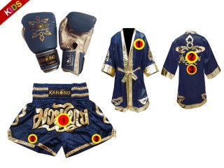 Kanong Boxing Gloves + Custom Muay Thai Fight Robe + Custom Muay Thai Boxing Shorts for Kids : Navy Lai Thai
