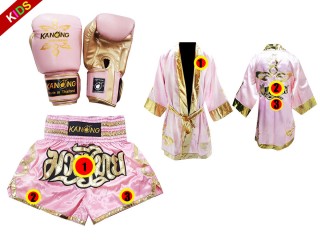Kanong Boxing Gloves + Custom Muay Thai Fight Robe + Custom Muay Thai Boxing Shorts for Kids : Pink Lai Thai