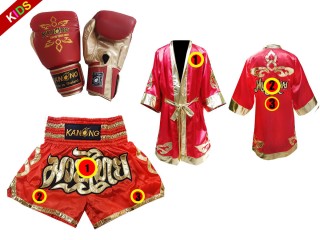Kanong Boxing Gloves + Custom Muay Thai Fight Robe + Custom Muay Thai Boxing Shorts for Kids : Red Lai Thai