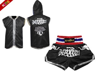 Kanong Muay Thai Hoodies Fightwear + Muay Thai Boxing Shorts for Kids : Black/Elephant