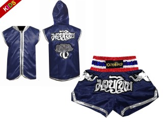 Kanong Muay Thai Hoodies Fightwear + Muay Thai Boxing Shorts for Kids : Navy/Elephant