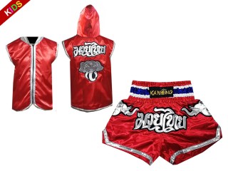 Kanong Muay Thai Hoodies Fightwear + Muay Thai Boxing Shorts for Kids : Red/Elephant