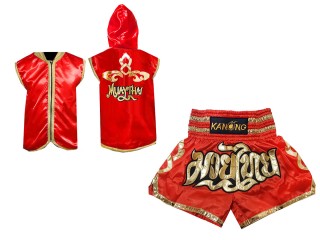 Kanong Muay Thai Hoodies Fightwear + Muay Thai Boxing Shorts : Red Lai Thai