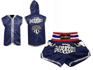 Customized Muay Thai Hoodies Fightwear + Muay Thai Boxing Shorts : Navy Elephant