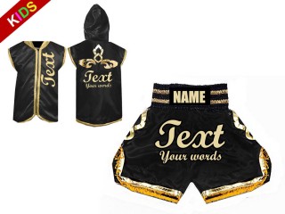 Perosnalized Fighter Hoodies Jacket + Boxing Shorts for Kids : Black/Gold