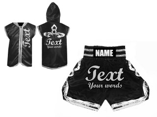 Customized Fighter Hoodies Jacket + Boxing Shorts : Black/Silver