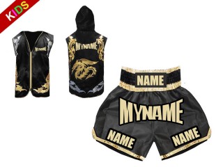 Perosnalized Fighter Hoodies Jacket + Boxing Shorts for Kids : Black