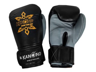 Kanong Real Leather Muay Thai Kickboxing Gloves : Black/Grey