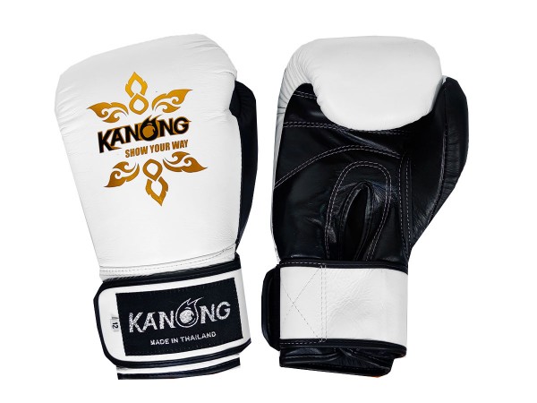 Kanong Real Leather Muay Thai Kickboxing Gloves : White/Black