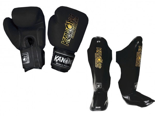 Kanong Boxing Gloves Shin Pads Simple Black
