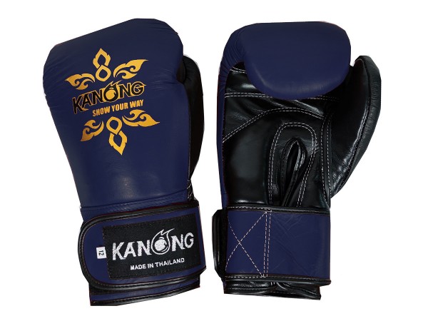 Kanong Real Leather Muay Thai Kickboxing Gloves : Navy/Grey