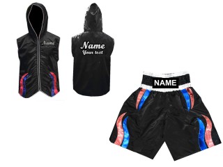 Custom Fighter Hoodies Jacket + Boxing Shorts : Black / Stripes