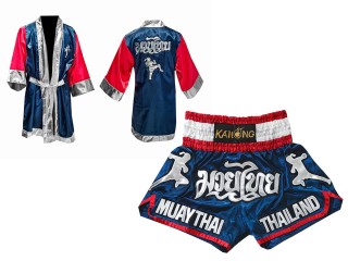 Custom Muay Thai Boxing Gown  + Custom Muay Thai Boxing Shorts : Navy Nak Muay