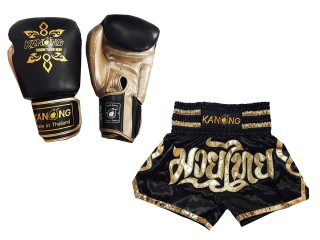 Pack Set of Muay Thai Gloves and Custom Muay Thai Shorts : Model 121 Black