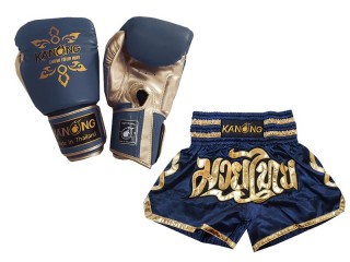 Pack Set of Muay Thai Gloves and Custom Muay Thai Shorts : Model 121 Navy