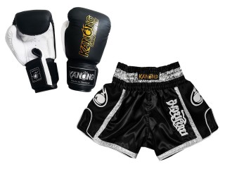 Pack Set of Muay Thai Gloves and Custom Muay Thai Shorts : Model 208 Black