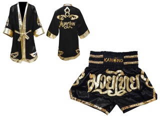 Custom Boxing Robe + Muay Thai Shorts : Black Lai Thai