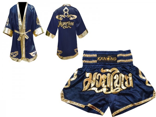 Custom Muay Thai Fight Robe + Custom Muay Thai Boxing Shorts : Navy Lai Thai