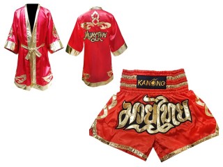 Kanong Muay Thai Fight Robe + Muay Thai Boxing Shorts : Red Lai Thai