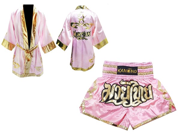 Custom Womens Boxing Robe + Womens Muay Thai Shorts : Pink Lai Thai