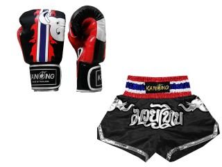 Pack Set of Muay Thai Gloves and Custom Muay Thai Shorts : Model 125 Black