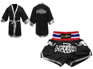 Custom Adult Boxing Robe + Muay Thai Shorts : Black/Elephant