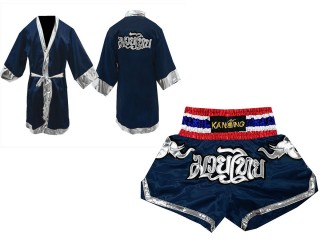 Custom Boxing Robe + Muay Thai Shorts : Navy/Elephant