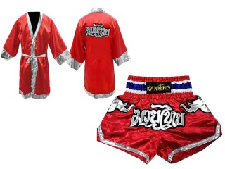 Custom Boxing Robe + Muay Thai Shorts : Red/Elephant