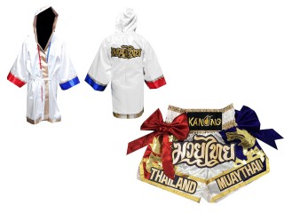 Customized Muay Thai Fight Robe + Custom Muay Thai Boxing Shorts outfits : White/Thai Flag