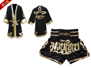 Custom Boxing Robe + Muay Thai Shorts  for Kids : Black Lai Thai