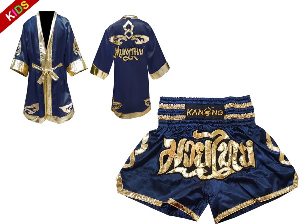 Custom Boxing Robe + Kids Muay Thai Shorts : Navy Lai Thai