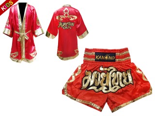 Kanong Muay Thai Fight Robe + Muay Thai Boxing Shorts for Kids : Red Lai Thai